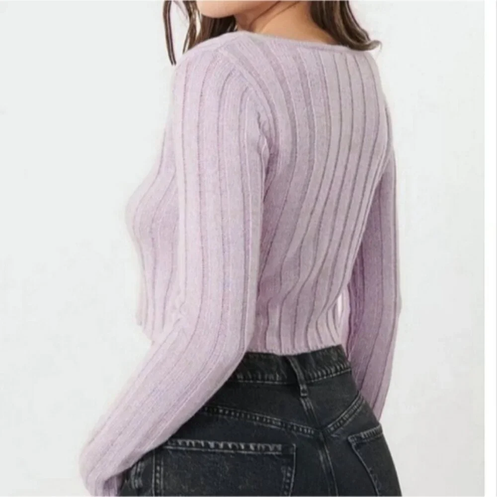 Garage Cotton Knit Ribbed Lilac Cropped Cardigan - Picture 3 of 10